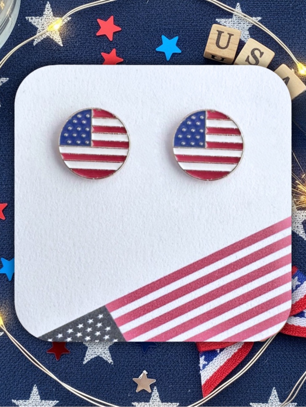 New Handmade Circular USA Flag Stud Earrings (0.6” diameter)